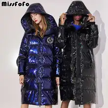 MissFoFo Модные женские туфли утка вниз куртка блестящие Буле черный Размеры XXL Водонепроницаемый верхняя одежда капюшоном Высокое качество Metallic Puffer