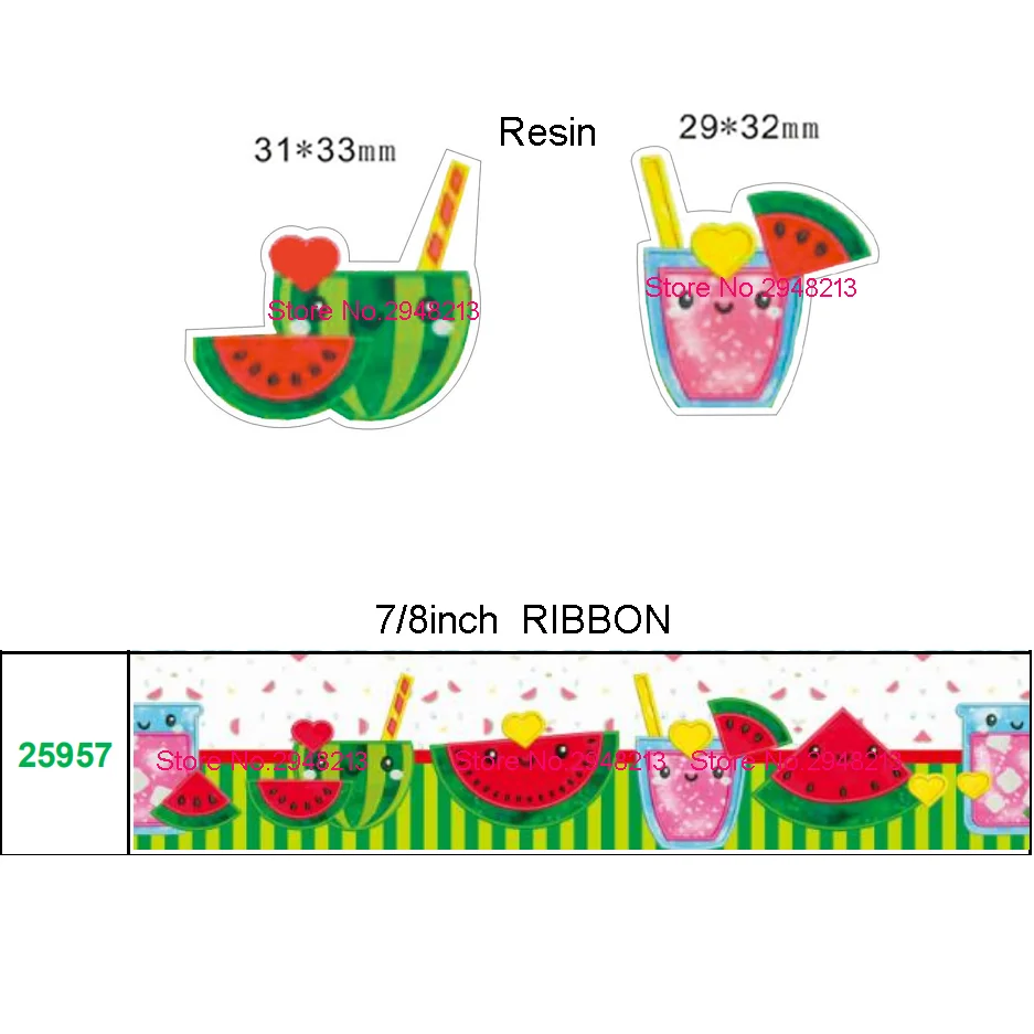 

Summer printed cartoon watermelon planar grosgrain ribbon and resin sets 50yard ribbon and 50pcs resin 1Pack JJOB466