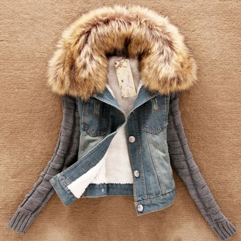 

Women Winter Thick Jean Jacket Faux Fur Collar Fleece Hooded Denim Coat Female Lamb Fur Padded Warm Denim Jacket Outwear 5657/6