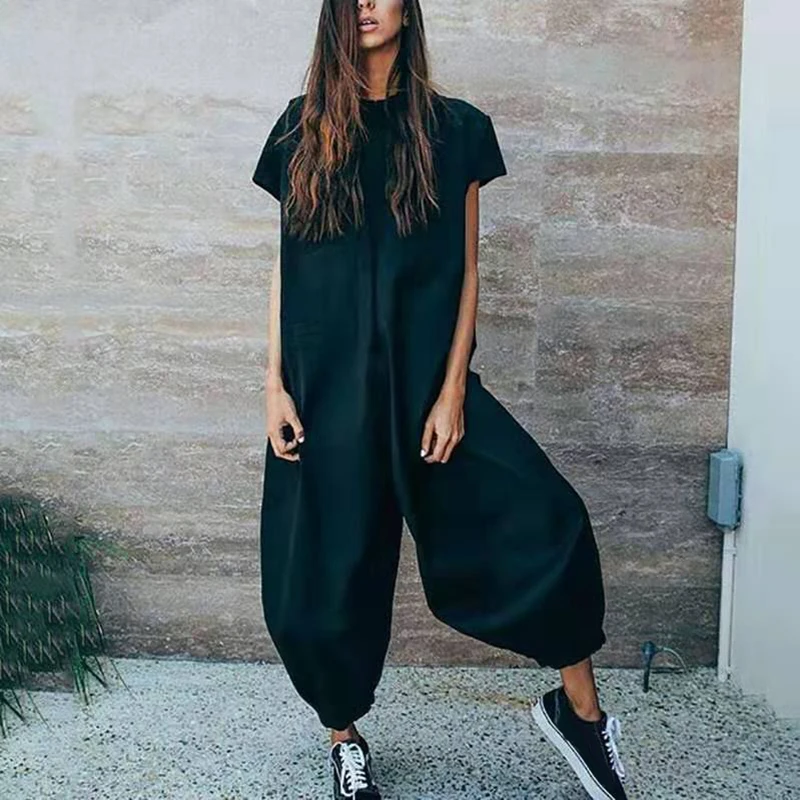 Женские летние комбинезоны, S~ 2XL, большой размер, сплошной цвет, с коротким рукавом, комбинезон, штаны-фонарики, хлопок, лен, свободные брюки, комбинезоны - Цвет: Black