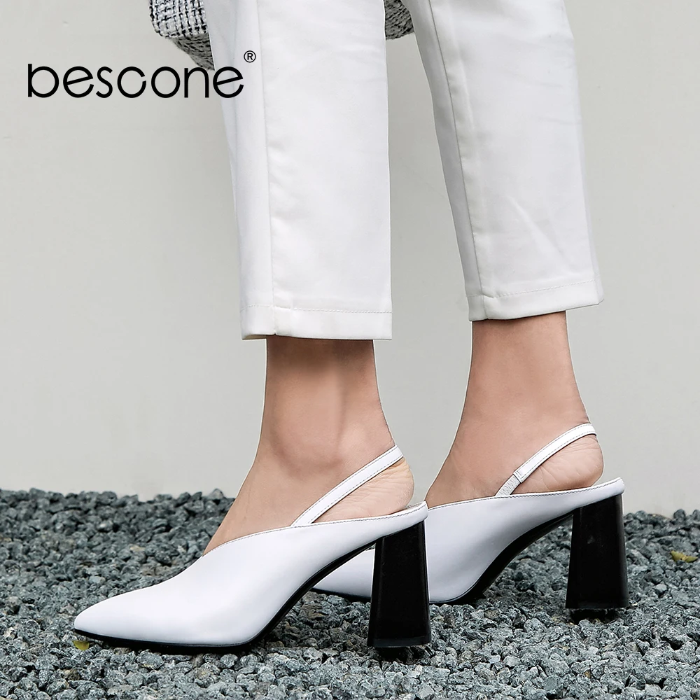

BESCONE Genuine Leather Women Shoes Elegant High Quality Handmade Pointed Toe Office Pumps Spring High Square Heels Pumps BO33