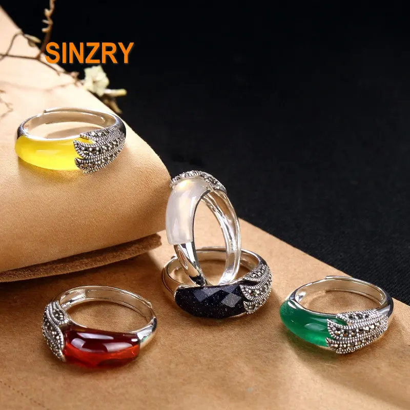 

Sinzry new handmade 925 sterling silver vintage rhinestone natural stone feather rings lady fine jewelry Rings for Women