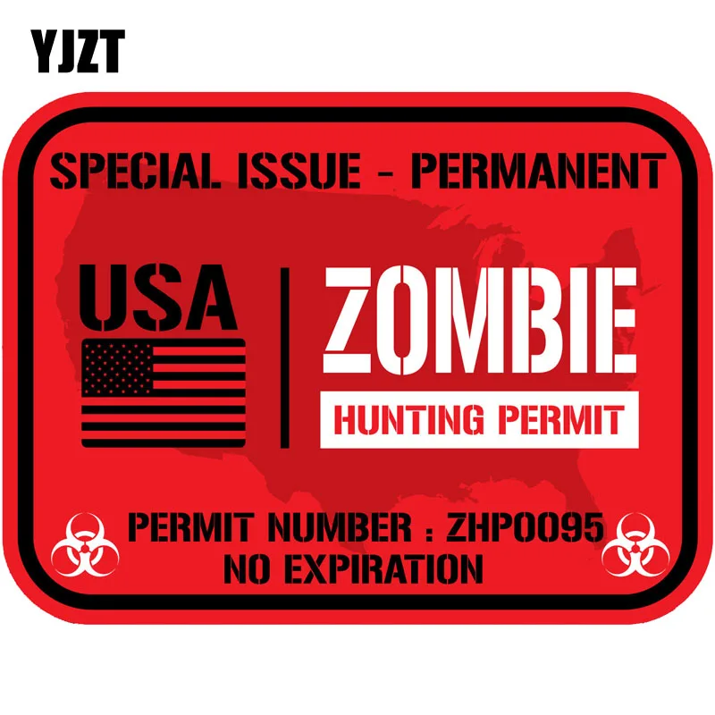 

YJZT 10.2CM*7.6CM ZOMBIE OUTBREAK RESPONSE TEAM Lnterest Reflective USA ZOMBIE HUNTING PERMIT Personality Car Sticker C1-7125