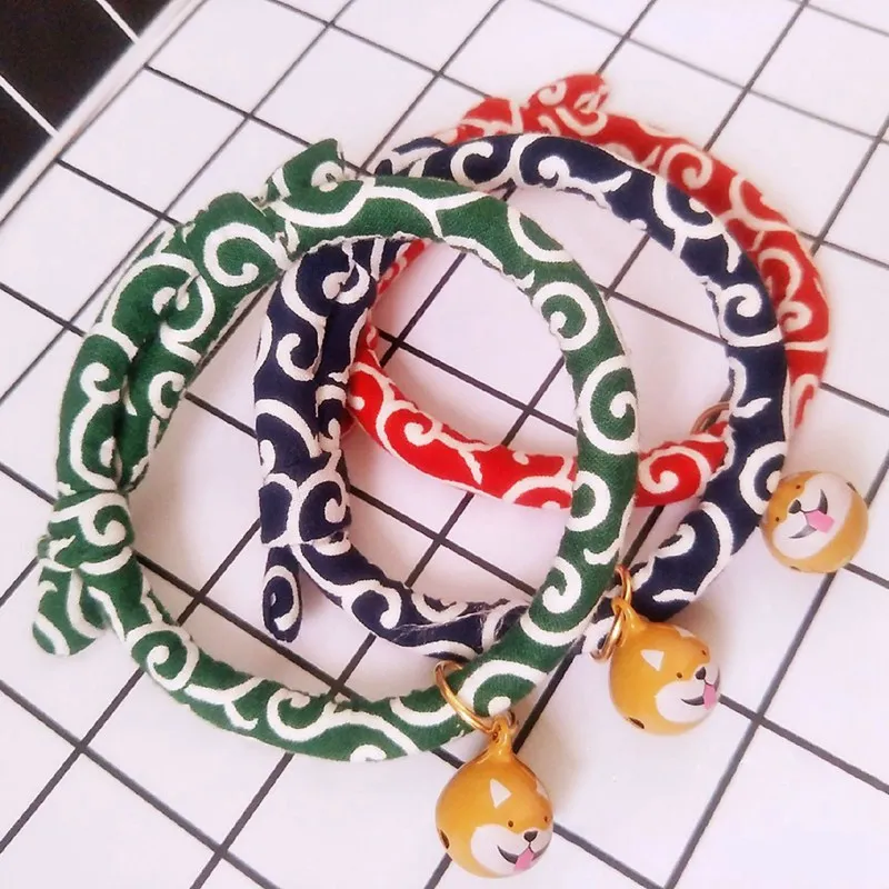 Japanese Style Pet Wave Pattern Collar Adjustable Bell Decorative Collar For Cat Dog Puppy Durable Soft Washable Neck Tie