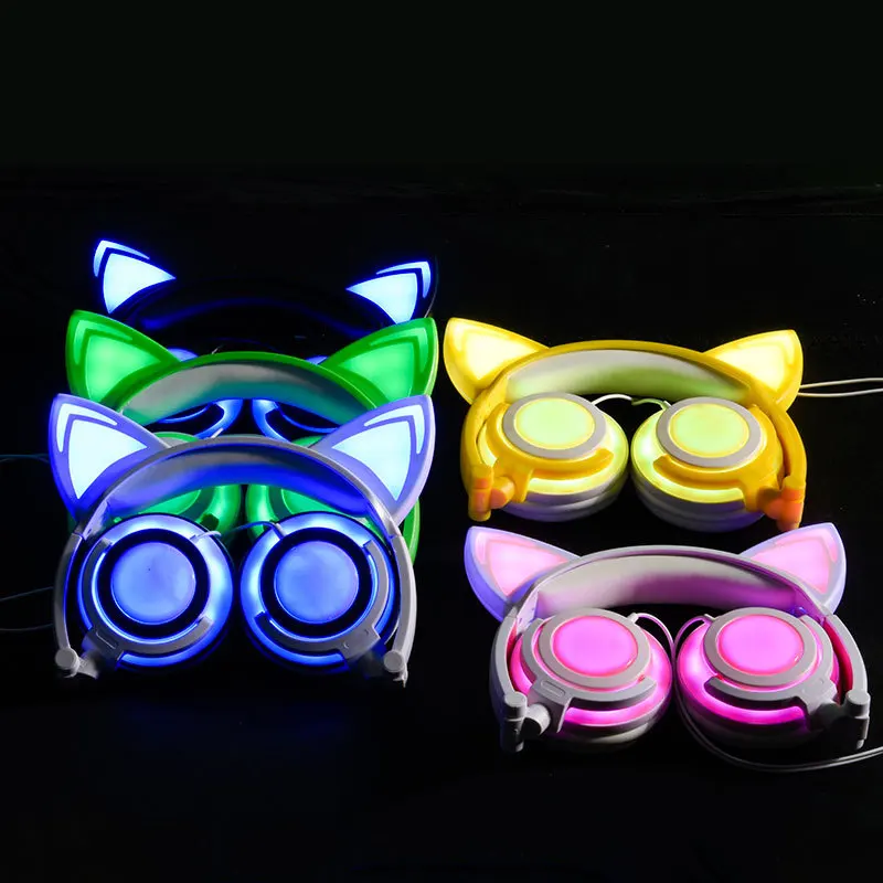 Cute Noise Cancelling Glowing Headphones Cartoon Cat Ears Style Headset Mobile Phone Folding