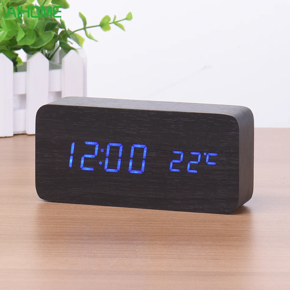 LED Digital Alarm Clock Despertador Sound Control USB/AAA Temperature Display Electronic Wooden 4 Colors Desktop Table Clock