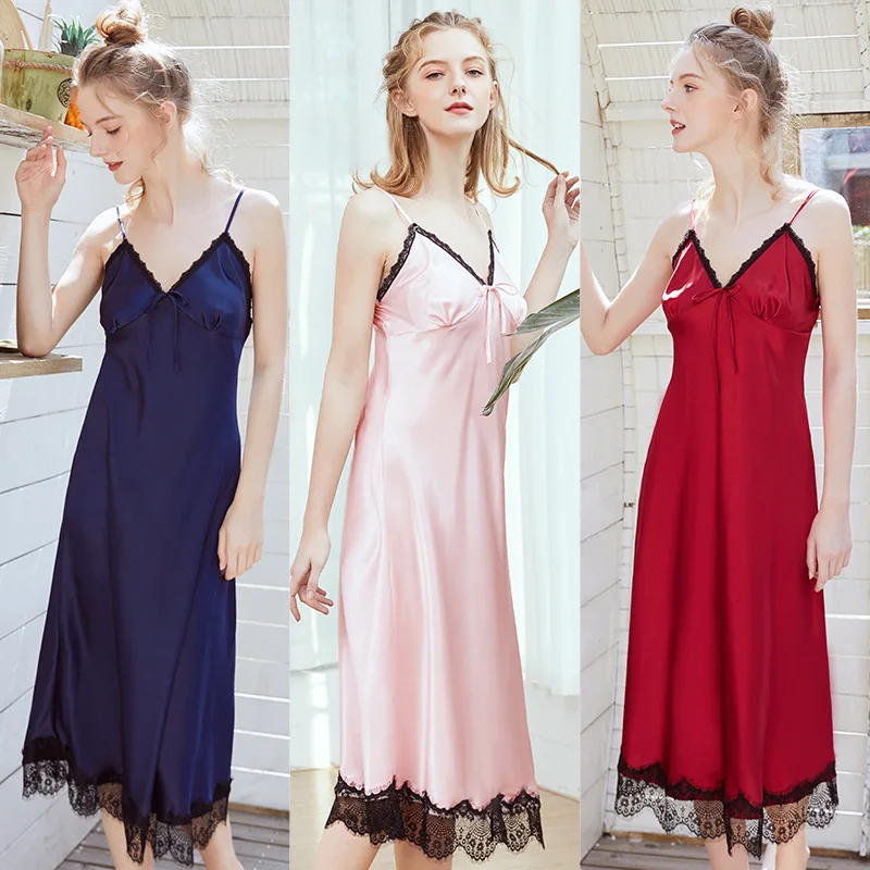 Sexy Slip Satin Silk Long Nightgowns for Women Sleepwear Red Blue Pink
