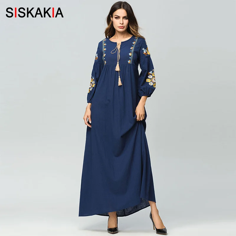

Siskakia Maxi long dress for Women Elegant Vintage Floral Embroidery Long Sleeve Dresses Female High Waist Swing Draped design