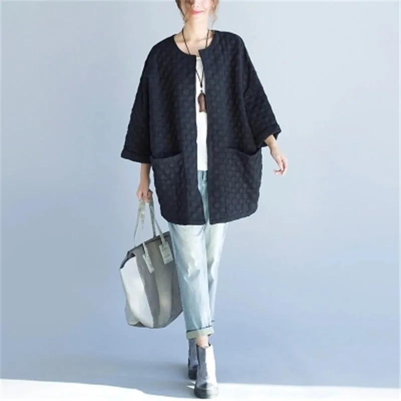 

Plus Size 7XL 6XL Nice Autumn European Women Elegant Dots Cotton Outerwear Lady's Female Large Loose Cardigans Black Jacket Coat