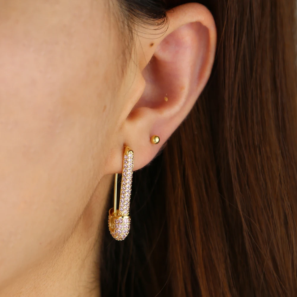 

new styles pin shape charm earrings with pink cz paved paperclip safety pin earring for wedding