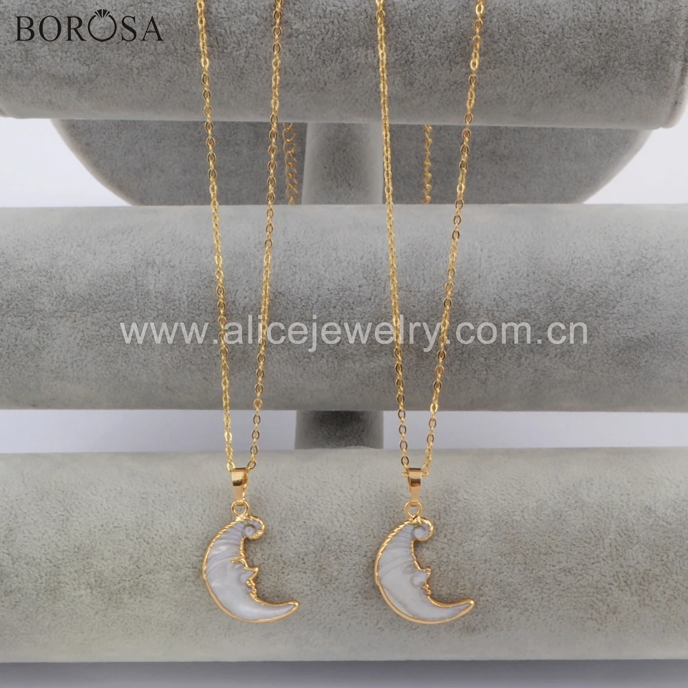 

BOROSA 5/10PCS Crescent Gold Color Natural White Shell One Side Carved Face Pendant Beads Necklace Jewelry for lady G1738-N