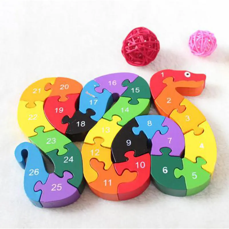 

Baby Kids Children Wooden Toys Alphabet Number Building Jigsaw Puzzle Snake Shape Funny Digital Puzlzle Game Educational Toys