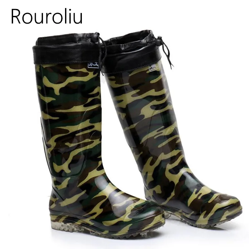 Rouroliu Mens Knee High Warm Rainboots Camouflage Waterproof Safety