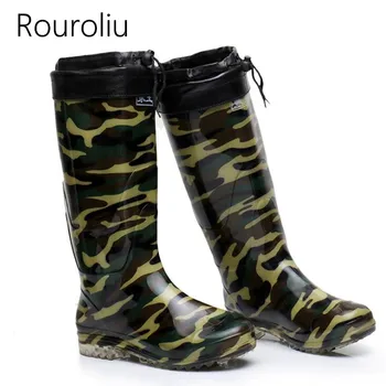 

Rouroliu Mens Knee-High Warm Rainboots Camouflage Waterproof Safety Work Shoes Winter Non-Slip Rain Boots Footwear RB69