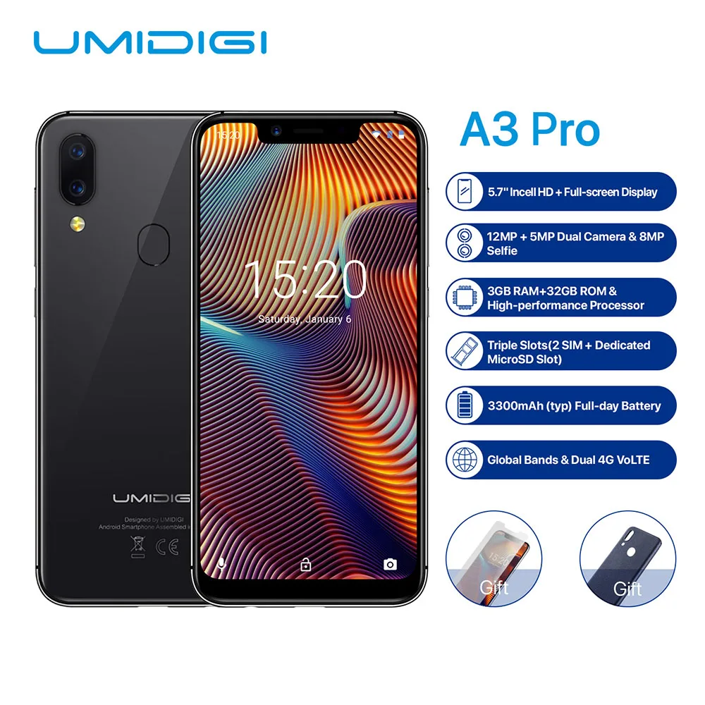 UMIDIGI A3 Pro мобильный телефон, глобальная полоса, 5,7 дюймов, 19:9, полный экран, 3 Гб+ 32 ГБ, Android 8,1, 12 МП, разблокировка лица, двойной 4G смартфон