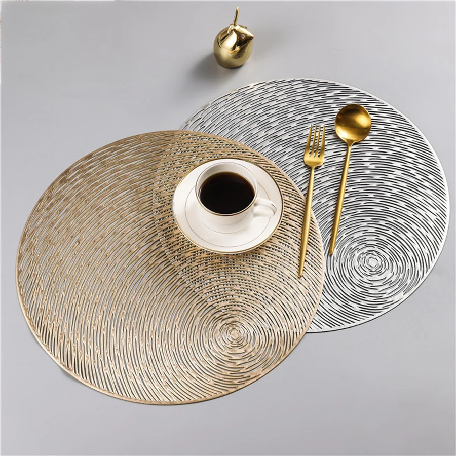 

2019 New Gold Silvery Round Placemats Kitchen PVC Table Mats for Dining Table Drink Coasters Set Coffee Cup Pad Hotel Restaurant