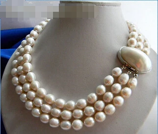 

HOT## Wholesale > 3Strands 18'' 11MM White Rice Freshwater Pearl Necklace