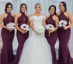 Новинка; Лидер продаж фиолетовый виноград платье подружки невесты в стиле русалки Элегантный Арабский Холтер шеи Кружева Аппликации