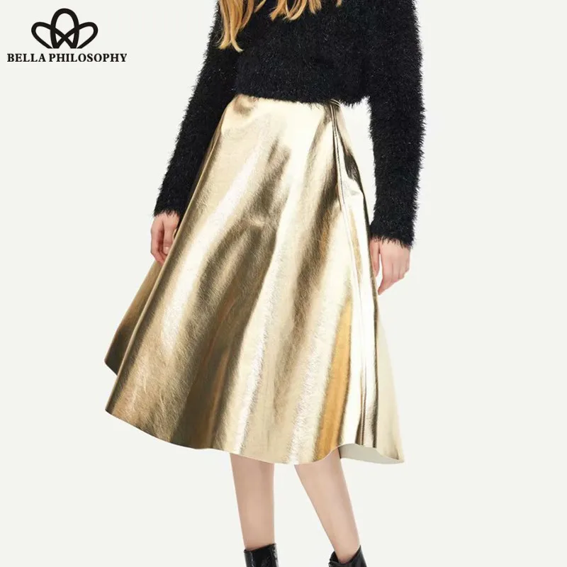 Wonder New Spring Big Swing Skirt Vintage Metal Color Female Long Skirts Casual Street Wear Lady Umbrella Skirts Bottoms 2019