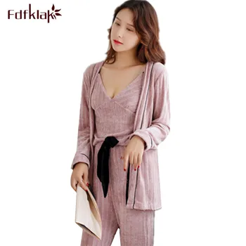 

Fdfklak High quality pajamas for women long sleeve winter pyjamas women 3 pcs sexy ladies sleepwear pajama set pijama feminino
