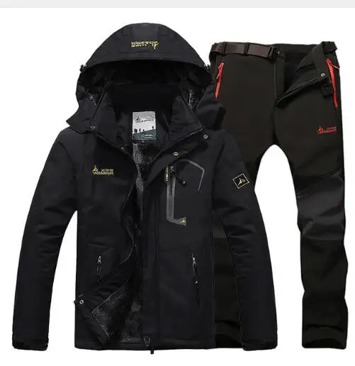 Зимняя Лыжная куртка, костюмы для мужчин, водонепроницаемая Флисовая теплая куртка для снега, для улицы, для горных лыж, сноуборд, мягкие брюки оболочки, костюмы 5XL - Цвет: black black