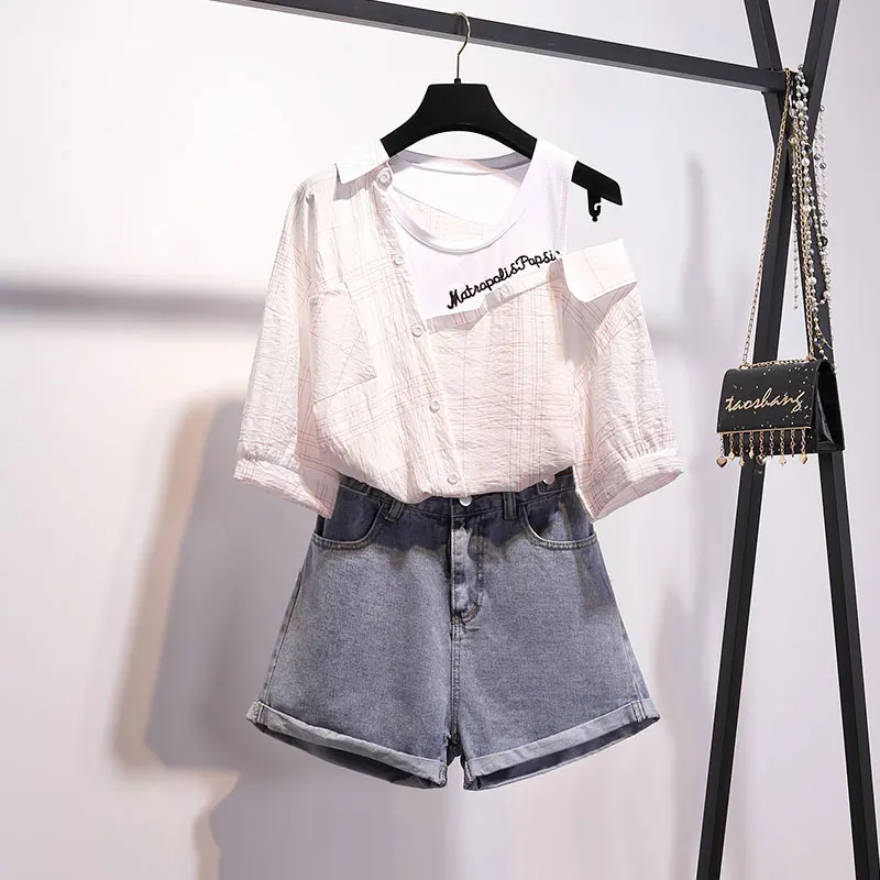 

Women 2 Piece Set Suit 2019 Two-piece Set Girl Pants Set Loose One Shoulder Striped Cotton Shirt And Denim Shorts Outfits Mini
