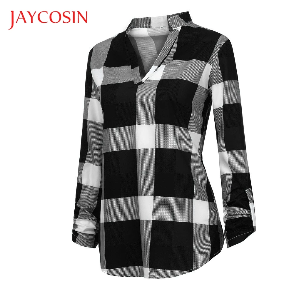 Женская клетчатая рубашка JAYCOSIN с длинным рукавом и v образным вырезом блузка