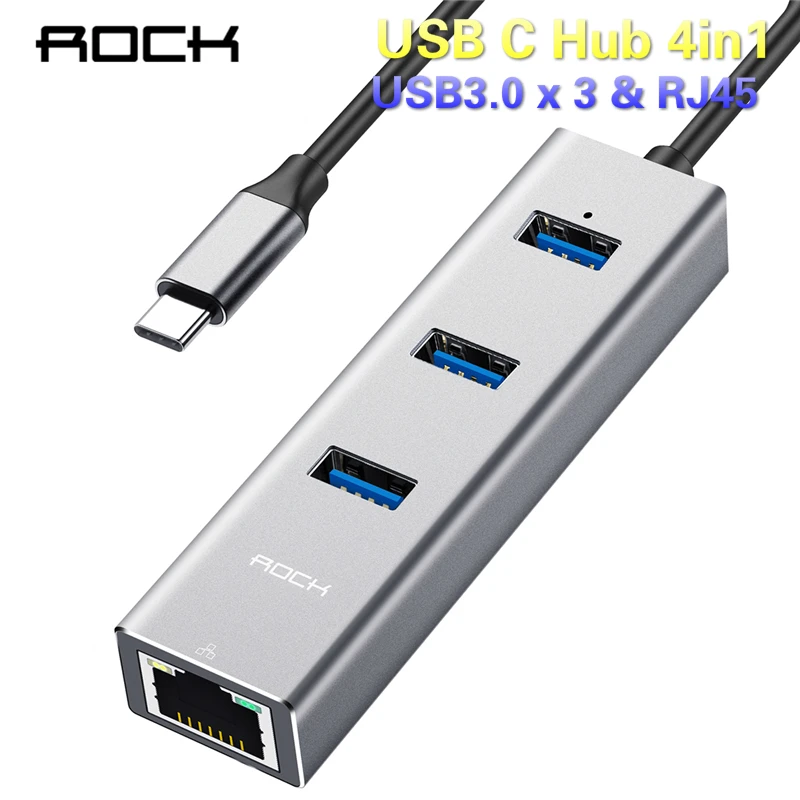 

4 in 1 USB C Hub RJ45 Adapter For Macbook Pro Type C To Usb 3.0 & Rj45 Converter Usb-C Gigabit Lan Ethernet Network Splitter Hub