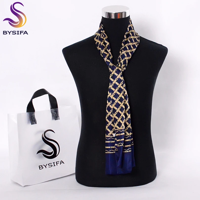 Knitted Scarf Cashmere Scarf Tactical Scarf Neck Wrap Fleece Scarf Polar Fleece Scarf Navy Blue Gold Plaid Men Silk Scarves Fashion Accessories Autumn Winter Male Pure Silk Long Scarves Cravat 160*26cm