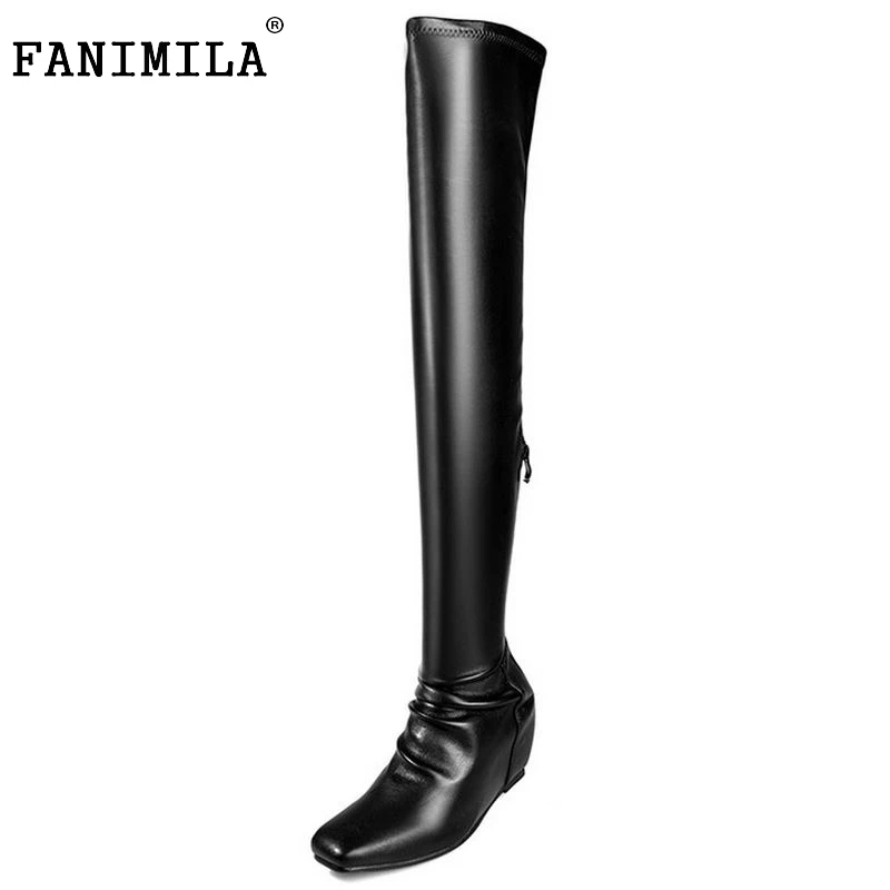 

New Fashion Woman Real Genuine Leather Over Knee High Boots Women Stylish Wedge Square Toe Botas Feminine Size 34-39