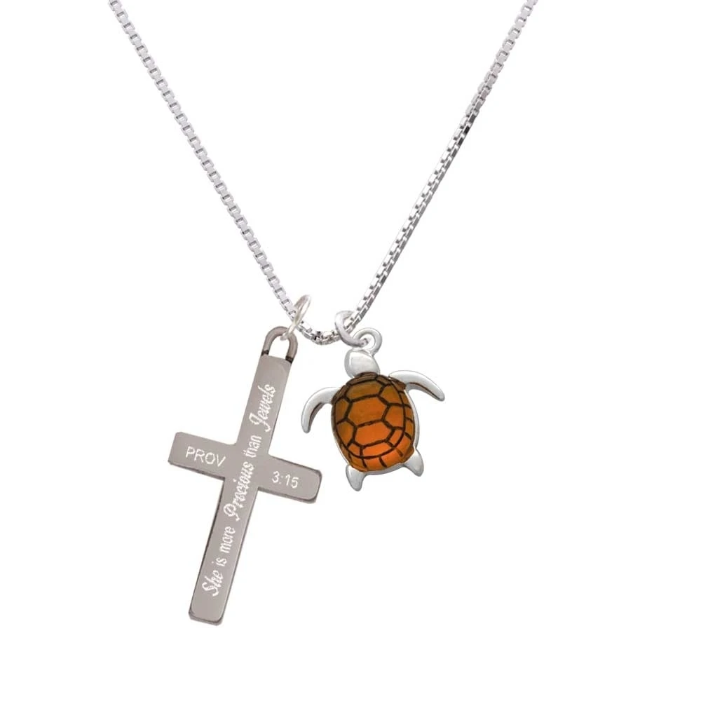 Turtle with Resin Body - She is More Precious - Cross Necklace