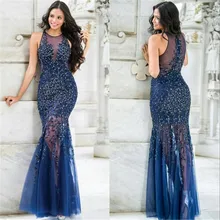 Luxus Perlen Abendkleider 2017 Illusion Mermaid O-ansatz Kleid Perlen Royal Blue Formal Wear Bodenlangen Paty Kleid