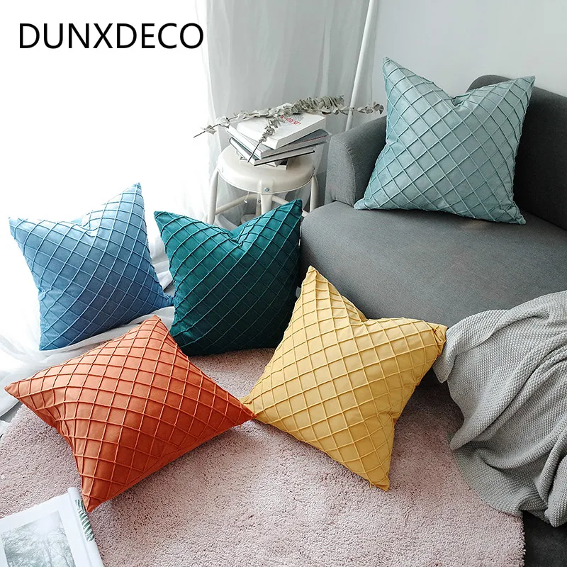 

DUNXDECO Cushion Cover Square Decorative Pillow Case Modern Simple Geometric Check Velvet Art Design Home Office Sofa Decoration