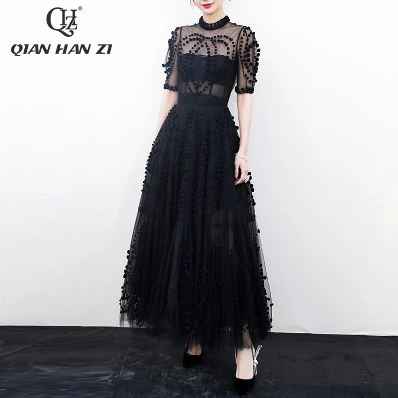 

Qian Han Zi 2019 Designer Fashion summer long dress Women Short Sleeve yarn ball Mesh Embroidery Black Vintage Party Maxi dress