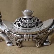 Изысканное китайское тибетское серебро фэн шуй мальчик и девочка Лифт Статуэтка янбао Курильница