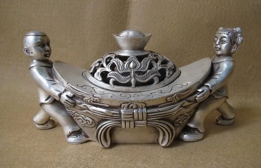 

Exquisite Chinese Tibetan Silver Feng shui Boy and Girl lift Yuanbao Statue Incense Burner censer