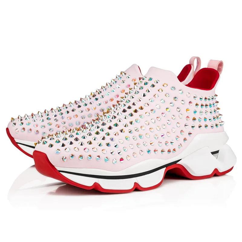 

Satin Upper Rivet Ladies Low Top Sports Casual Shoes Luxury Designer Red Bottom Shoes Women Slip-on Cow Leather Casual Sneakers