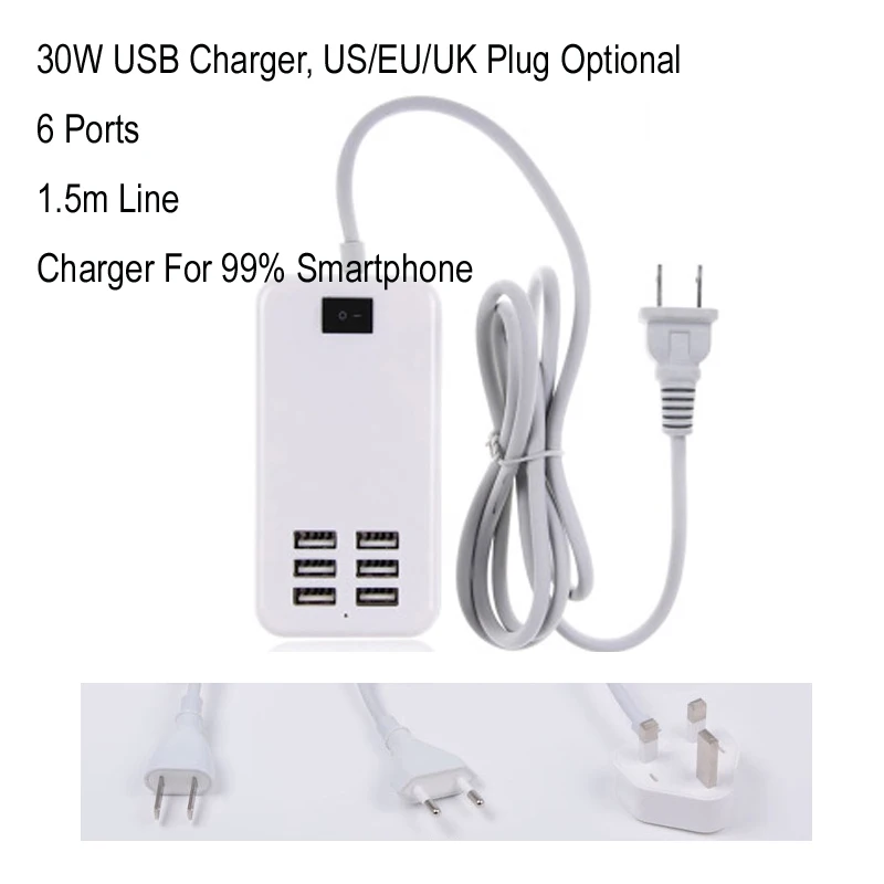 30W USB Charger 6 ports Table Smart with LED Light 1.5m cable 5V/6A Fast Charging for all smart phones EU US UK optional | Электроника