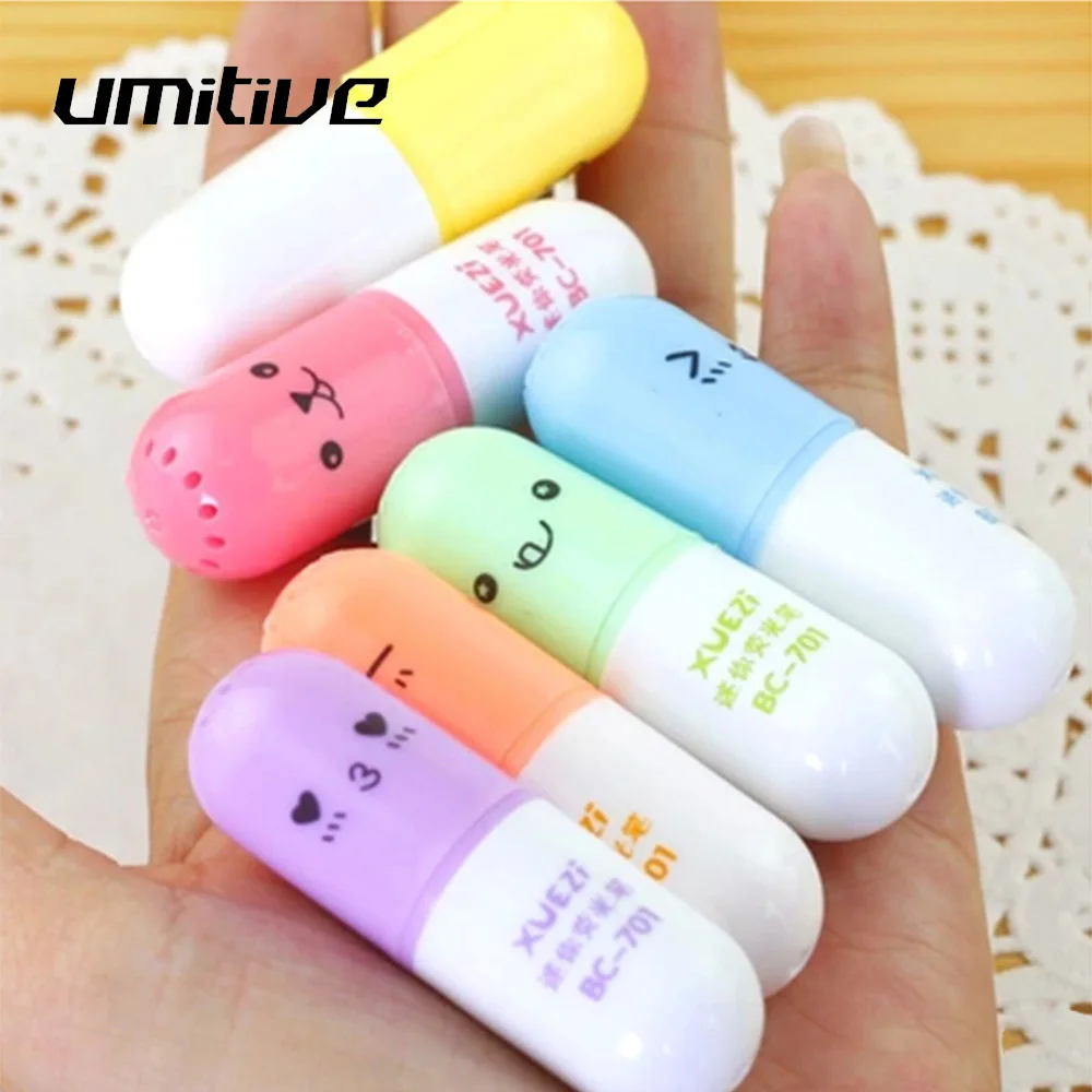 

Umitive 6Pcs/set Mini Capsules Highlighter Vitamin Pill Highlighter Marker Pen Office Stationery School Supplies