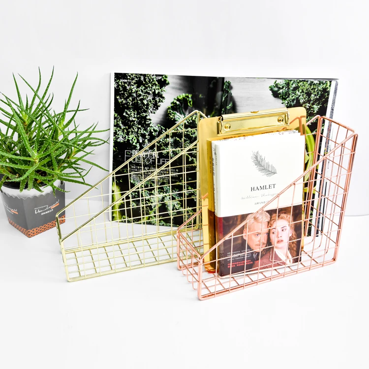 ارتفع الذهب الذهب مطلي الحديد سطح المكتب رف رف مجلة ملف مربع رف مكتب منظم قرطاسية حامل