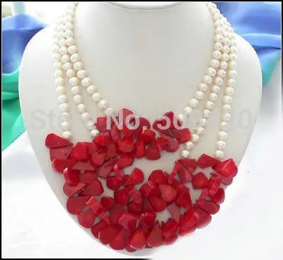 

W&O655 >>3row white round freshwater pearl red coral necklace