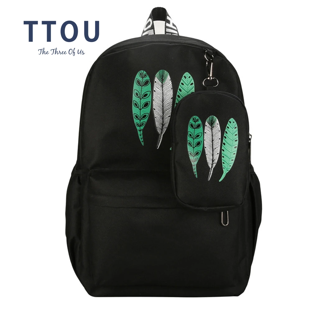 

TTOU Women Canvas Backpacks Female School Bags for Girls Rucksack Feather Printing Backpack Set Mochila Feminina