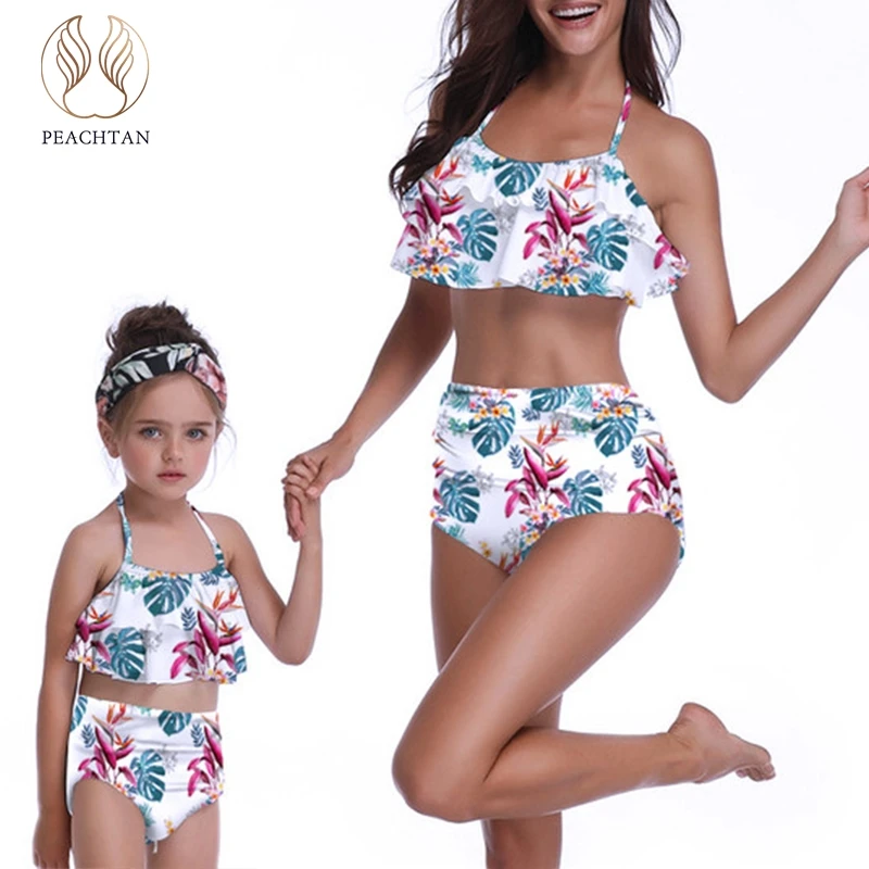

Peachtan Halter bikinis 2019 mujer Parent-child swimsuit female High waist swimwear women Ruffles print bathing suit bathers XL