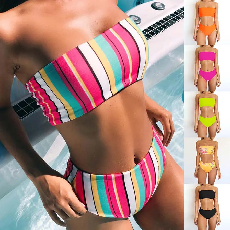 

New Push Up Bandeau Bikini Set Women Floral Print Bikinis Women Swimwear Middle Waist Bathing Suits Swimsuit Women Swimming Suit