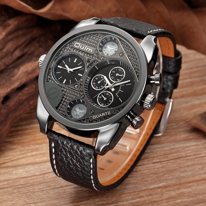 

Oulm Military Watches Men Luxury Brand Two Time Zone Casual Leather Strap Watch Decorative Small Dials Male Clock Hours