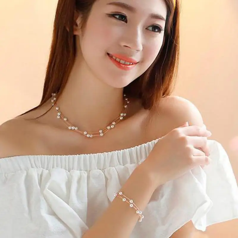 Fashion Sweet Jewelry Sets OL Elegant Pearl Necklace Earring Bracelet