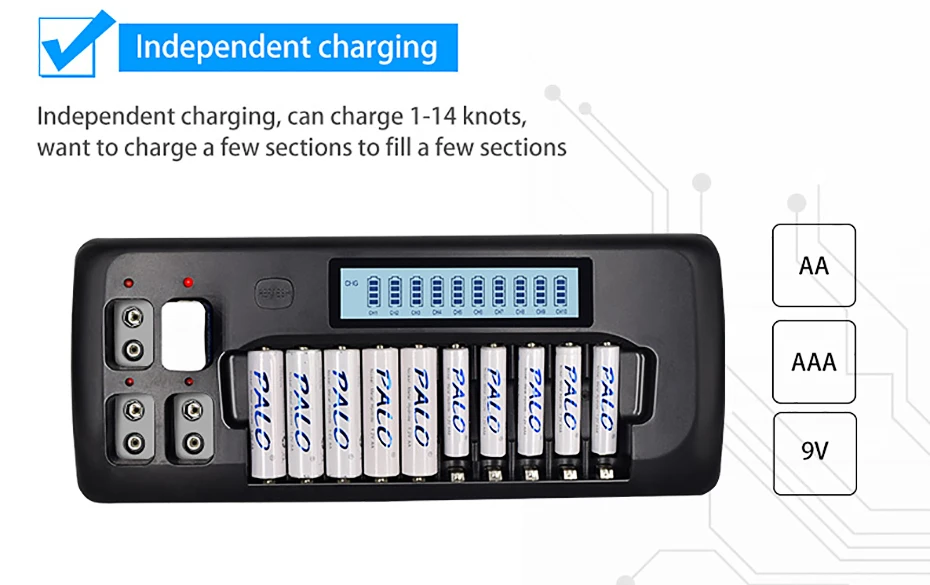 Palo 14 слотов ЖК-дисплей смарт-зарядное устройство для 1,2 в AA/AAA Ni-MH Ni-Cd аккумуляторная батарея 9 в Ni-MH Ni-Cd литий-ионный аккумулятор