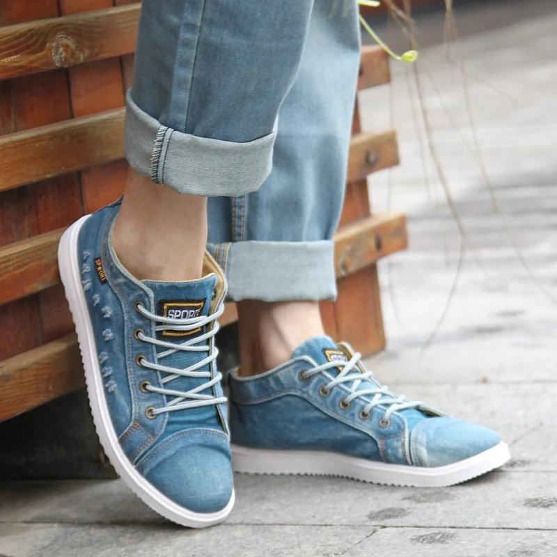 

British Style Fashion Vintage Denim Jean Canvas Shoes Men High-top Casual Man Ankle Boots Flat Shoes Usual School Boy Footwear