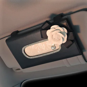

Crystal Camellia Flower Car Tissue Box for Sun Visor Auto Hanging Tissue Box Flower Sunshade Case Girls Car Accessories