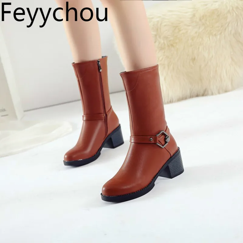 

Women Boots Autumn Winter High Heel Warm Pu Platform Zip Mid-Calf Buckle Round Toe Martin Boots 2018 Sexy New Fashion Black